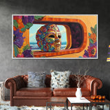 Mask, Window, Flowers, Coastal, Vibrant mask ocean view, Framed Canvas Print, Fiesta Art, Colorful Mexican Decor, Dining Room Wall Art