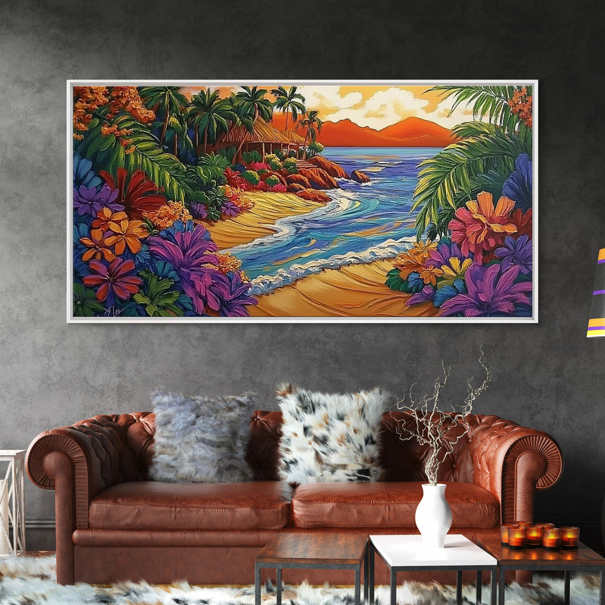 Tropical, Beach, Sunset, Palm, Vibrant tropical beach art, Canvas Print, Island Paradise Decor, Vacation Vibes, Living Room Art