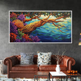 Tree, Ocean, Cliffside, Wildflowers, Framed Canvas Print, Vibrant ocean view, coastal tree decor, autumn style living room wall art