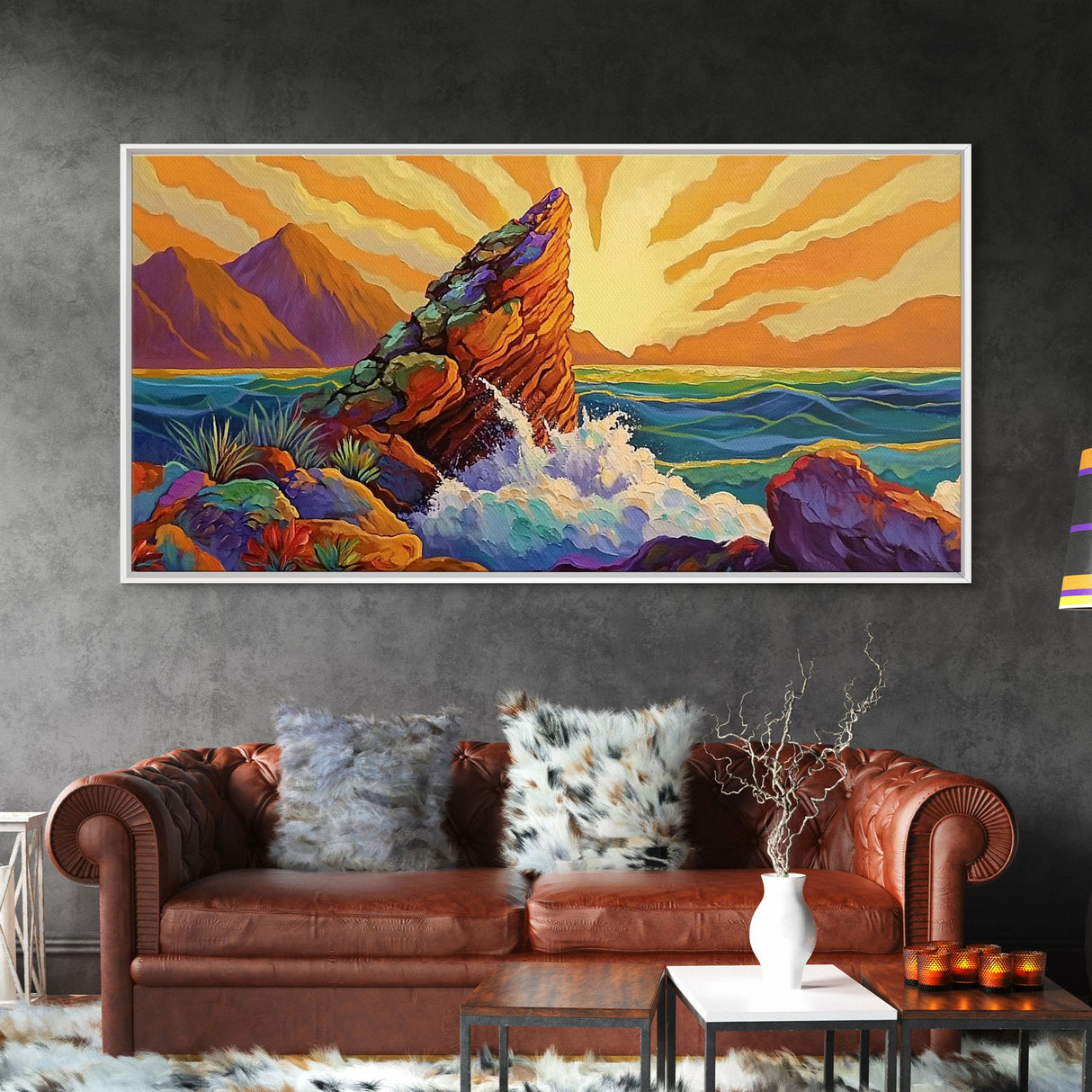 Sunrise, Waves, Rocks, Ocean, Canvas Print, Sunrise coastal print, ocean splash wall art, spiritual sunburst decor, beach home accent