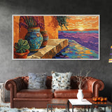 Sunset Terracotta, Patio, Art, Framed Canvas Print, Colorful Mexican pottery scene, vibrant tropical wall art, boho entryway decor