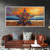 Star Sunset, Ocean, Mandala, Framed Canvas Print vibrant boho wall art, coastal living room decor, sunset mandala beach house artwork