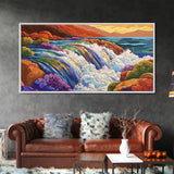 Waterfall Rainbow, Canyon, Bold, Framed Canvas Print vibrant nature bathroom decor, boho rainbow mountain wall art, fantasy print