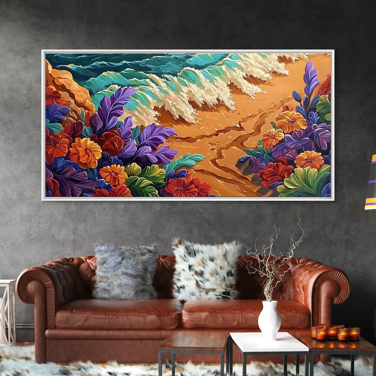 Tropical, Flower, Wave Art, Framed Canvas Print, coastal floral seascape painting, vibrant Summer Decor, Bathroom Wall Art, boho art