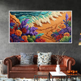 Tropical, Flower, Wave Art, Framed Canvas Print, coastal floral seascape painting, vibrant Summer Decor, Bathroom Wall Art, boho art