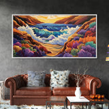 Ocean Sunset, Wave Splash, Framed Canvas Print, colorful crashing waves, rocky coast wall decor, Beach House Wall painting