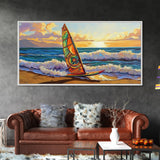 Windsurf Sunset, Beach Scene, Canvas Print, colorful surfboard at sea painting, coastal adventure, Bedroom Wall Art, surfer boho art