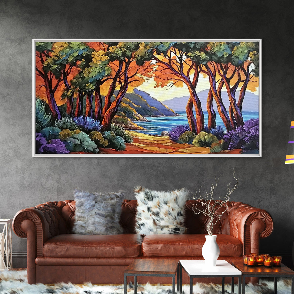 Trees Autumn, Ocean Trail, Canvas Print, Fall landscape, trees leading to ocean view, colorful palette, Living Room Wall Art