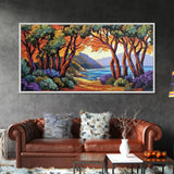 Trees Autumn, Ocean Trail, Canvas Print, Fall landscape, trees leading to ocean view, colorful palette, Living Room Wall Art