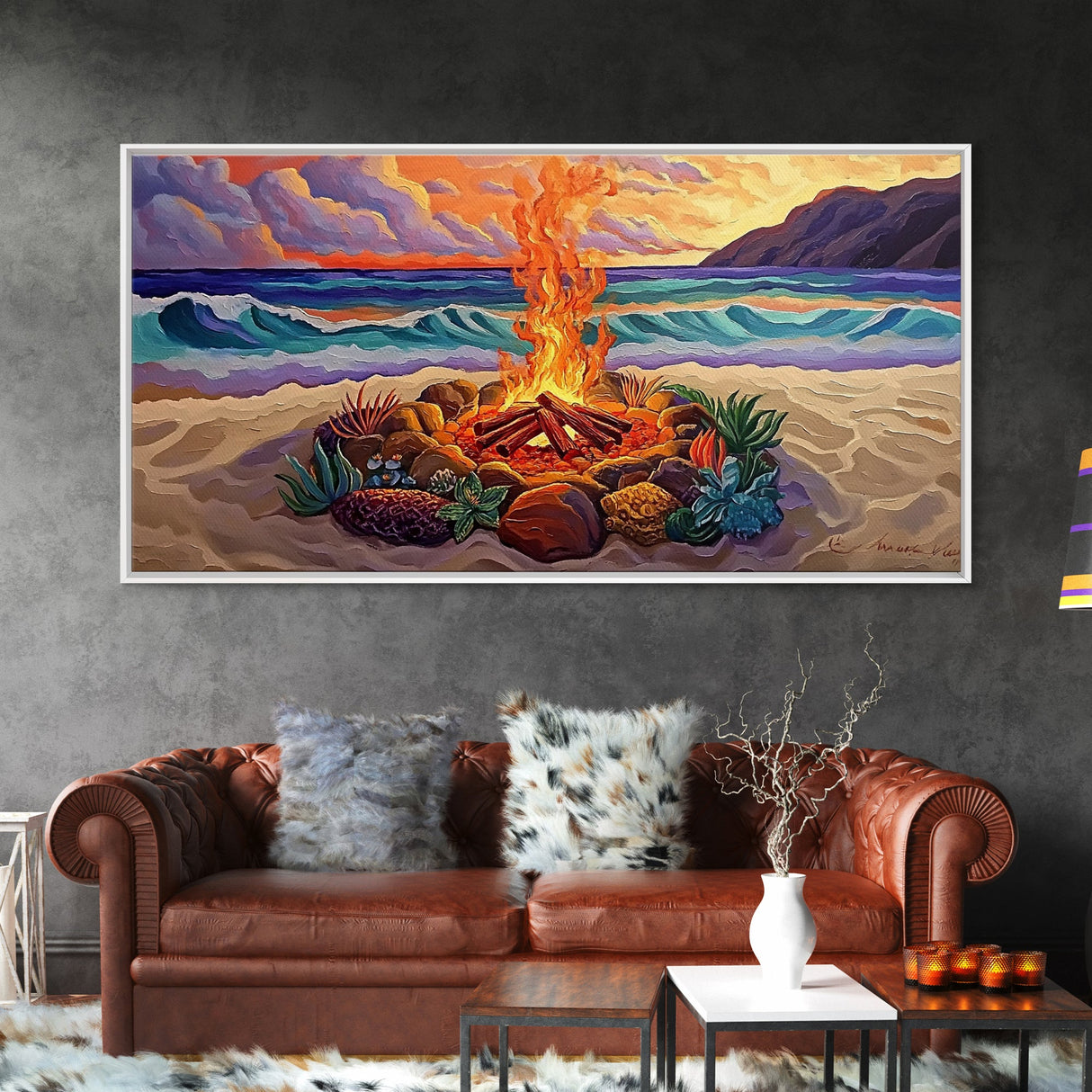 Beach Campfire, Sunset, Tropical Vibes, island evening Canvas Print, fall boho decor, colorful beach firepit living room wall art