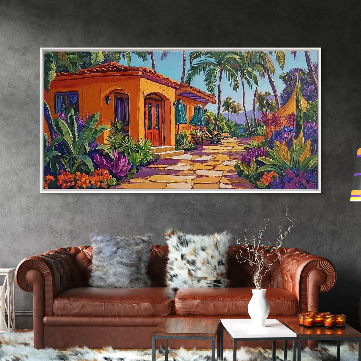Villa, Palm Trees, Pathway, Lush Garden, warm tropical Canvas Print, boho patio decor, summer bungalow living room wall art