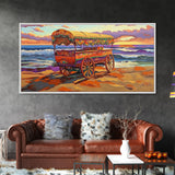 Sunset Beach, Wagon, Vibes, Coastal boho decor, colorful ocean art, Canvas Print, beach house wall art, living room sunset painting