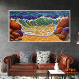 Wave Shoreline, Rocks, Splash, Vibrant ocean wall art, coastal home decor, Canvas Print, bathroom beach art, bold seascape painting