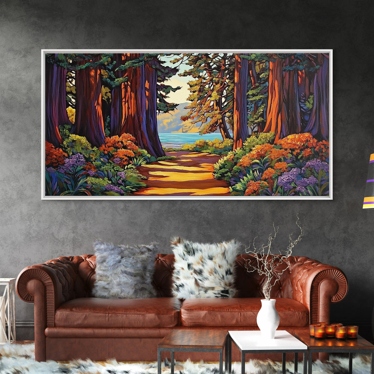 Forest Path, Ocean, Framed Canvas Print, Redwood forest trail to ocean scene, Nature inspired art, Rustic Living Room Wall Art