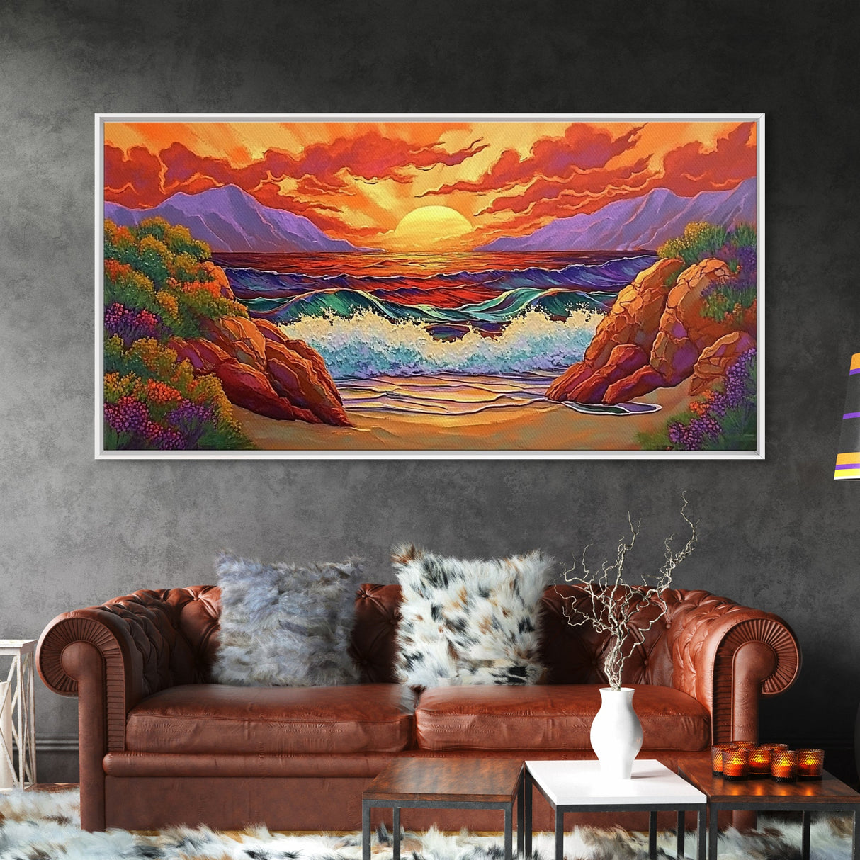 Sunset Waves, Rocks, Framed Canvas Print, Vibrant ocean sunset, crashing waves cliffs painting, Coastal Decor, Beach House Wall Art