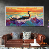 Ocean Bird, Sunset, Framed Canvas Print, Vibrant seabird in waves sunset seascape painting, Colorful Coastal Decor, Bathroom Wall Art