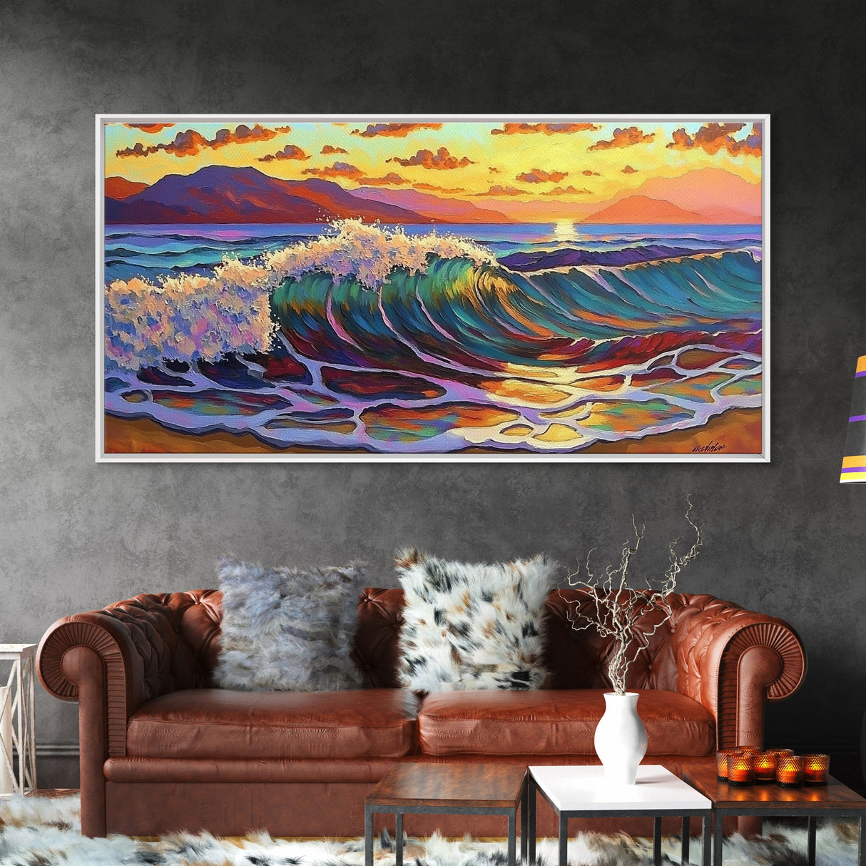 Waves Surf, Sunset, Framed Canvas Print, Colorful crashing wave with glowing sunset sky, Coastal Surfer Decor, Beach House Wall Art