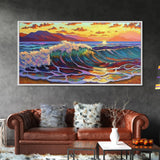 Waves Surf, Sunset, Framed Canvas Print, Colorful crashing wave with glowing sunset sky, Coastal Surfer Decor, Beach House Wall Art
