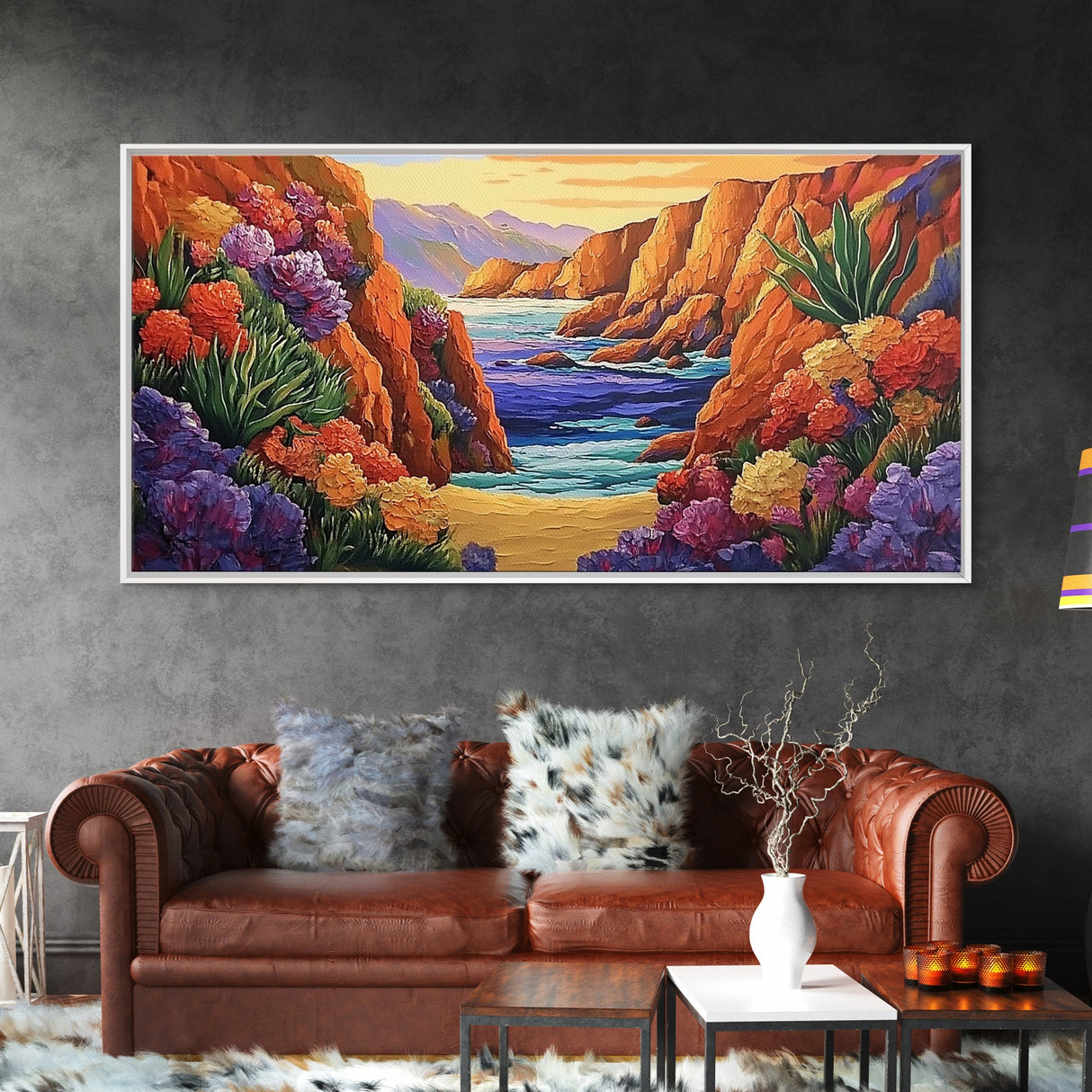Desert Coast, Flowers, Path, Canvas Print, vibrant canyon seascape, southwest home decor, hallway wall art, colorful desert painting
