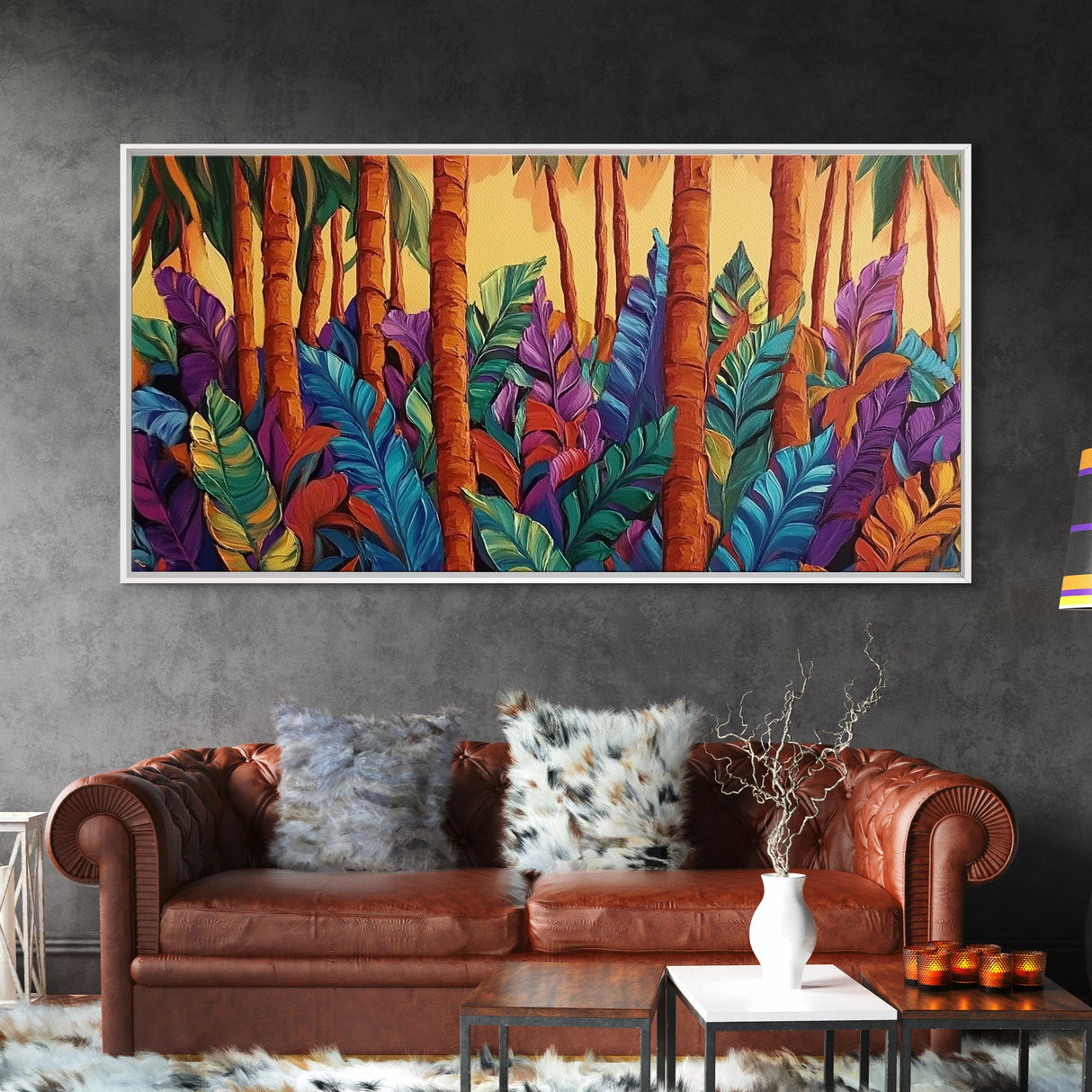Jungle Leaves, Palms, Tropical, Framed Canvas Print, vibrant rainforest botanical wall art, boho plant decor, entryway art