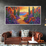 Pathway Sunset, Garden, Ocean, Canvas Print, vivid coastal floral scene, entryway decor, sunset wall art, summer vibes painting