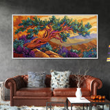Tree Mountains, Sunset, Windswept, Canvas Print, expressive twisted pine painting, rustic boho decor, nature art, fall wall piece