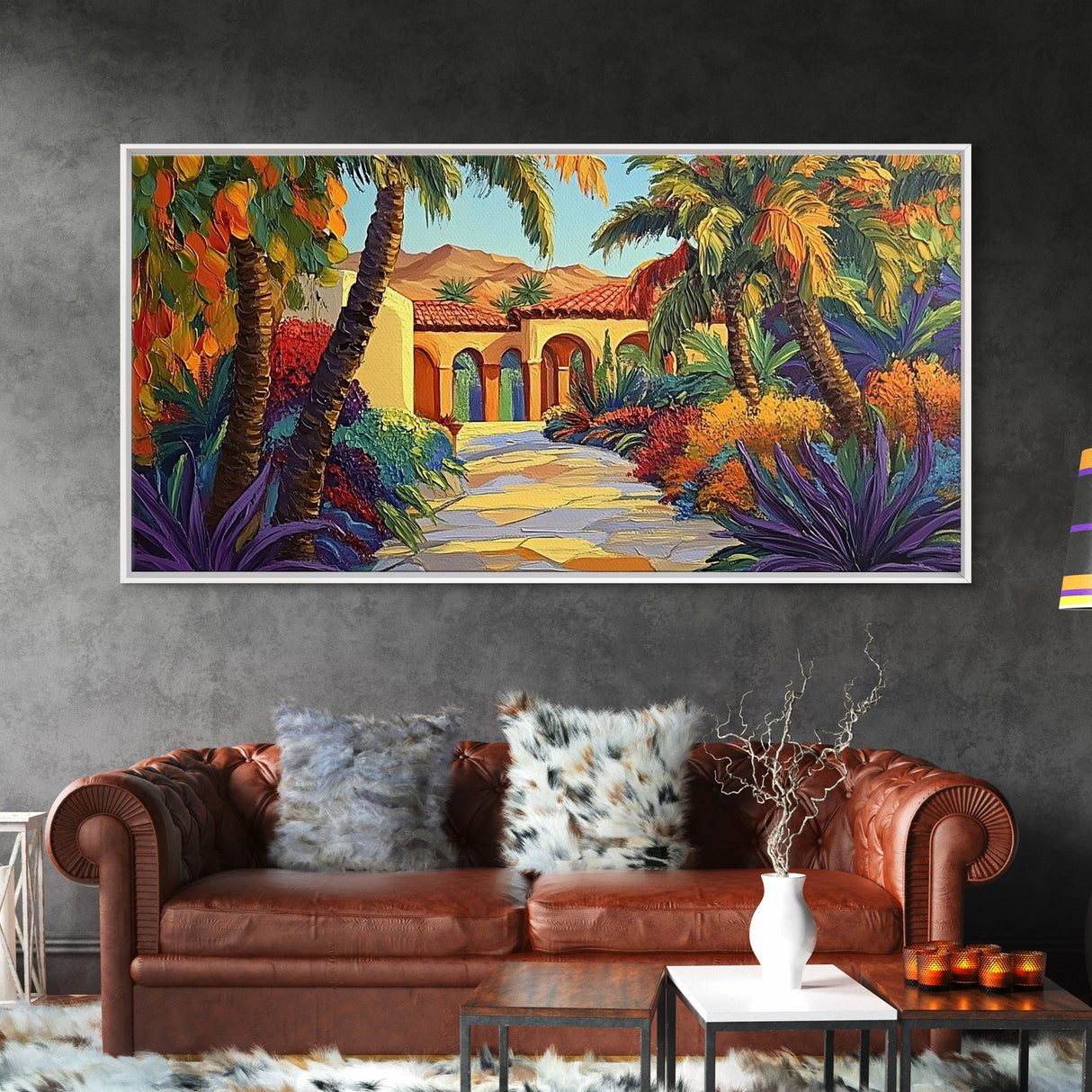 Villa Garden, Palms, Path, Framed Canvas Print, tropical courtyard scene, Mediterranean decor, living room wall art, villa painting