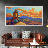 Tower Mountains, Sky, Clouds, Canvas Print, whimsical turret landscape, pastel sky art, colorful fantasy decor, study wall art