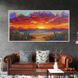 Sunset Beach, Desert, Cactus, Framed Canvas Print, vivid sunset desert beach scene, boho coastal decor, southwestern wall art