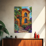 Tropical Villa, Sunset, Vibes, Framed Canvas Print, Mediterranean wall art, boho home decor, warm palette, Kitchen or Living Room