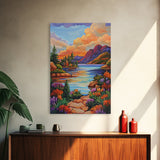 Lake Sunset, Mountains, Cabin, Framed Canvas Print, Serene mountain lake at sunset with cozy cabins, peaceful autumn living room wall art