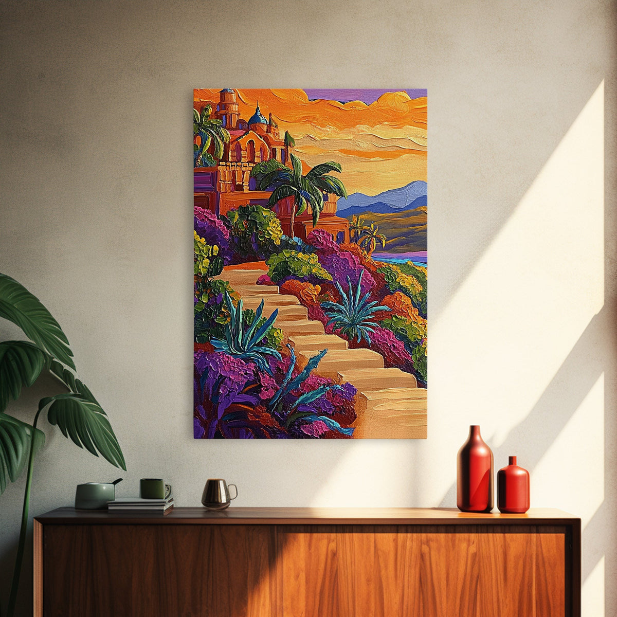 Sunset Mexico, Colorful, Travel, Framed Canvas Print vibrant coastal villa painting, colorful sunset art, Mediterranean boho travel vibes