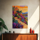 Sunset Mexico, Colorful, Travel, Framed Canvas Print vibrant coastal villa painting, colorful sunset art, Mediterranean boho travel vibes