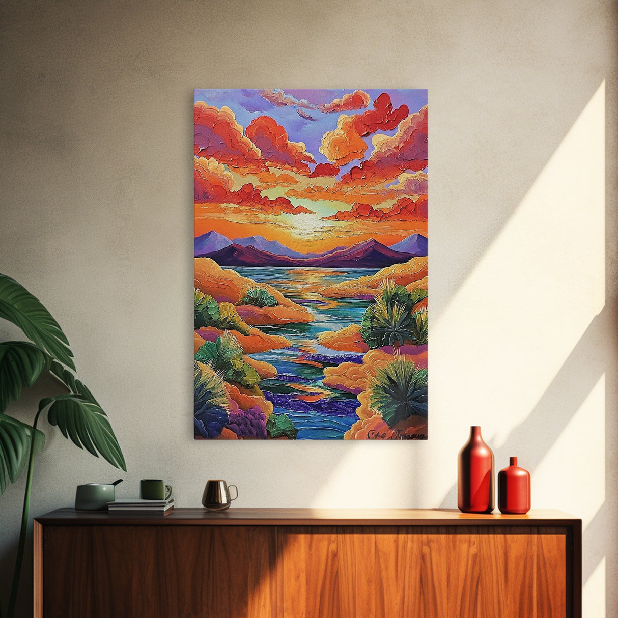 Sunset Desert, River, Color, Framed Canvas Print dreamy painted desert river sunset, colorful sky landscape artwork, nature boho art