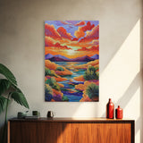 Sunset Desert, River, Color, Framed Canvas Print dreamy painted desert river sunset, colorful sky landscape artwork, nature boho art