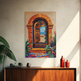 Doorway Ocean, View, Escape, Framed Canvas Print, Mediterranean coastal decor, boho travel wall art, vibrant entryway art, hallway decor