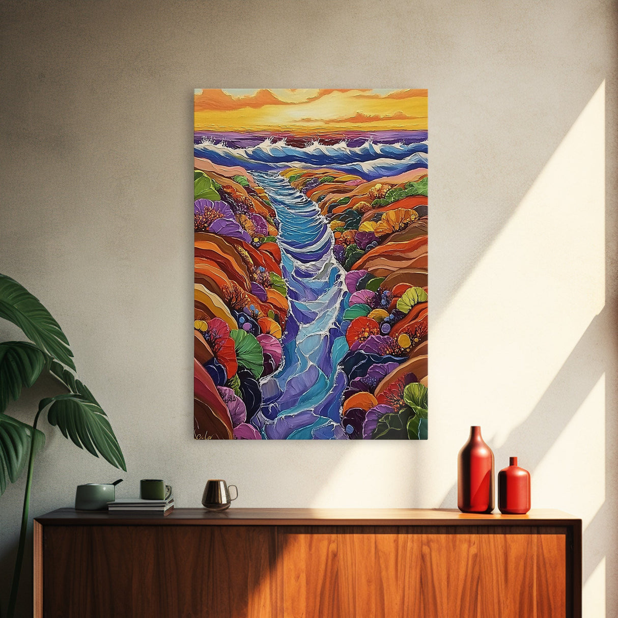 Ocean Tidepool, Rainbow, Shoreline, Canvas Print vivid shoreline tidepool painting, colorful abstract coastal artwork, ocean bathroom wall art