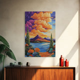 Mountain Lake, Cloudscape, Reflection, Framed Canvas Print, Bold sunset wall art, vibrant color landscape, Cabin or Living Room Wall Art