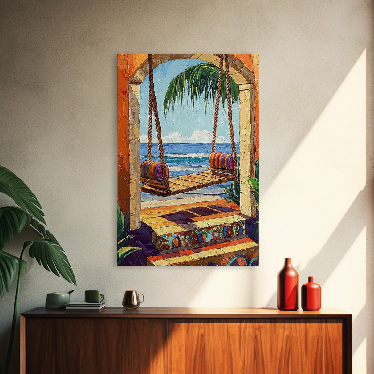 Swing Ocean, Tropical, Archway, Framed Canvas Print, Beach retreat wall art, vibrant tropical decor, Bedroom or Bathroom Wall Art