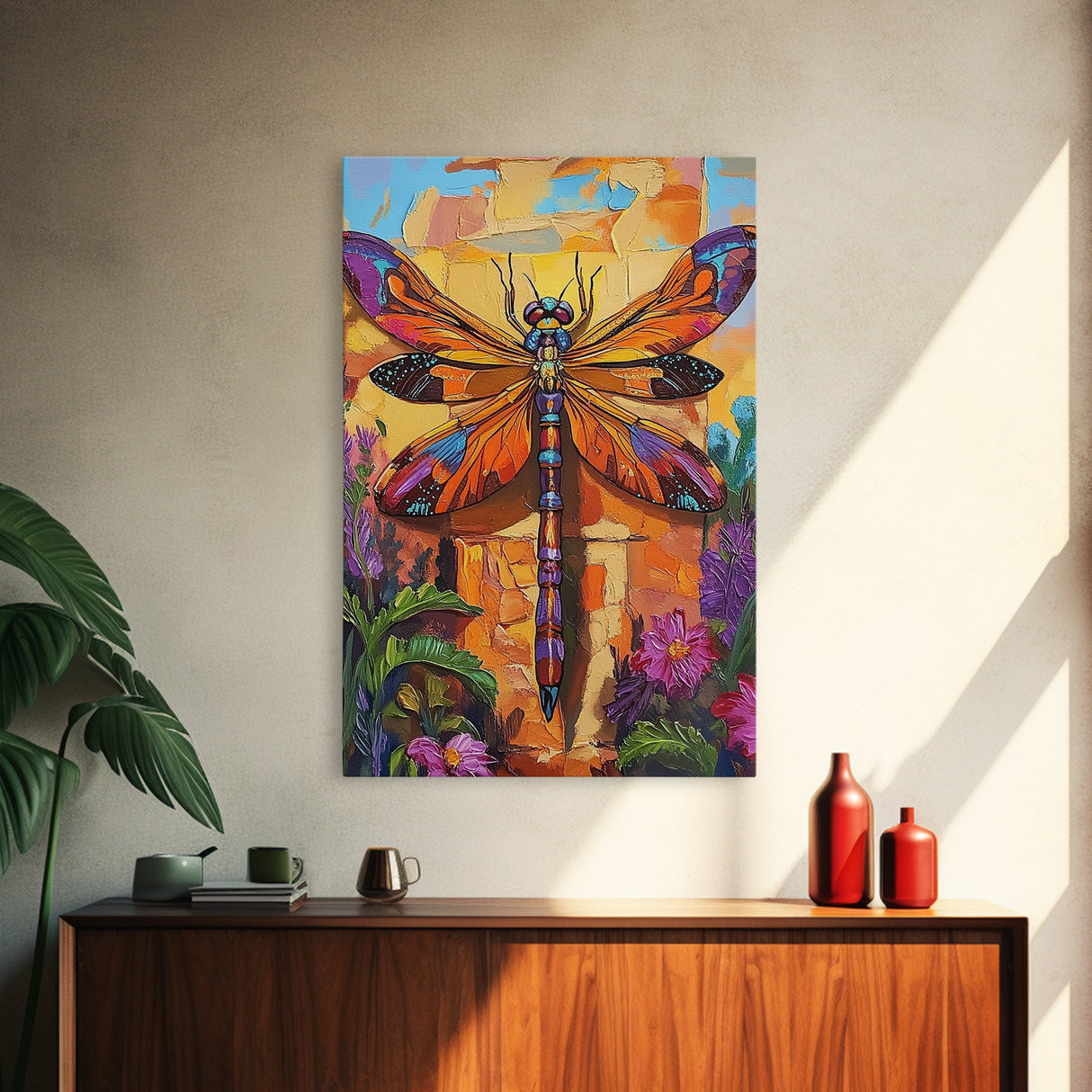 Dragonfly Floral, Bold, Nature, Framed Canvas Print, Boho dragonfly wall art, vivid nature insect painting, Bathroom or Entryway Art
