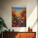 Path Ocean, Flowers, Shoreline, Framed Canvas Print, Bright coastal landscape, colorful wildflower path, Bathroom or Entryway Wall Art