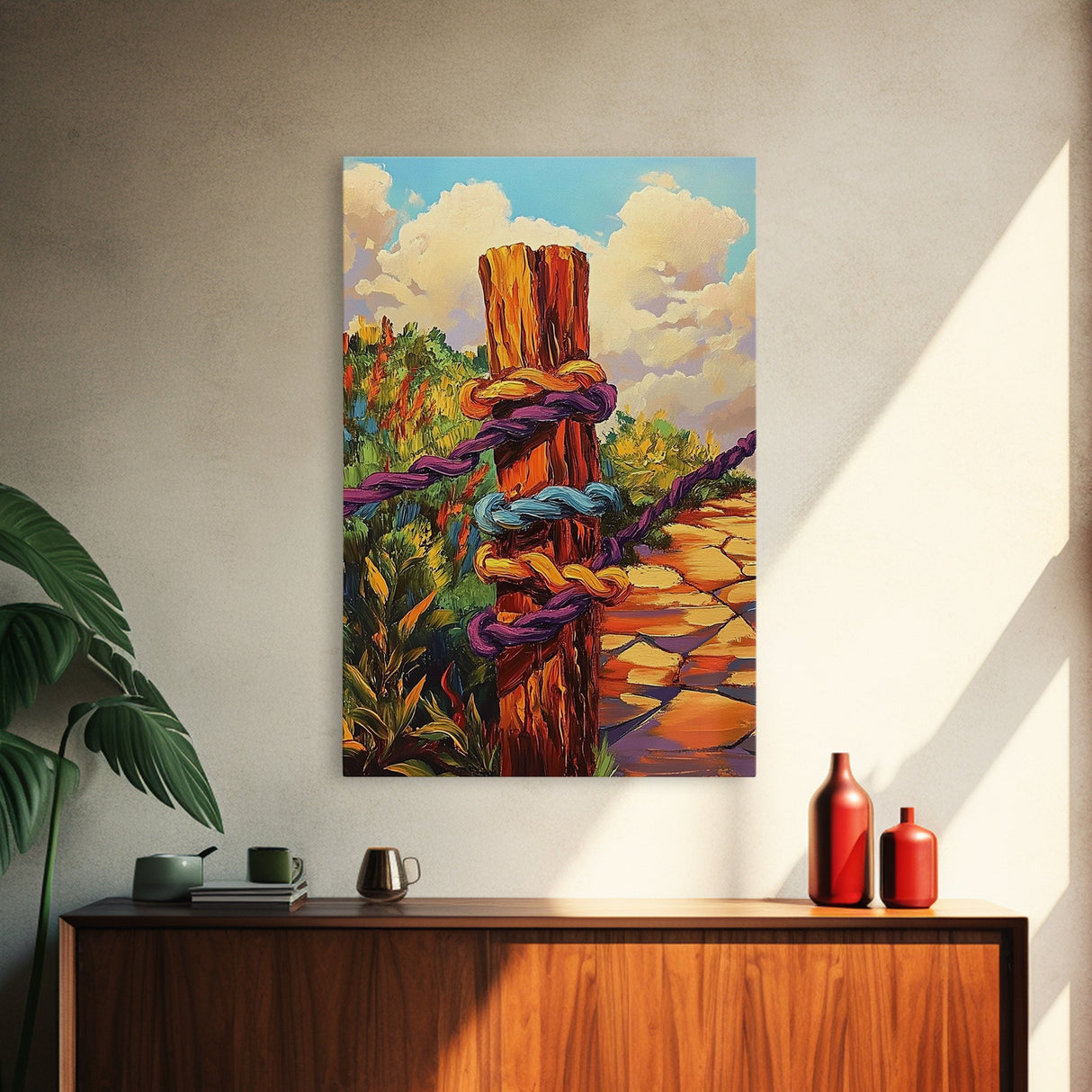 Post Rope, Path, Nature, Canvas Print, rustic fence art, countryside boho decor, vibrant outdoor scene, cozy cabin wall art, hallway style