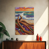 Driftwood Waves, Beach, Sunset, Framed Canvas Print, Coastal stormy beach scene, textured seascape painting, Nautical Bathroom Wall Art