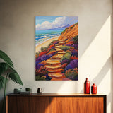 Ocean Trail, Bloom, Cliffside, Framed Canvas Print, Vibrant beach path painting, floral coastal art, boho landscape wall décor