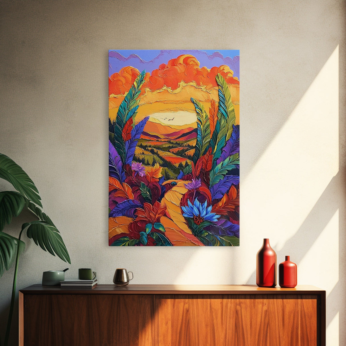 Bold Sunset, Path, Feathers, Canvas Print, Autumn Wall Art, Boho Nature Decor, Warm Colorful Hallway Art, Eclectic Landscape Painting
