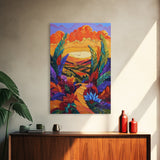 Bold Sunset, Path, Feathers, Canvas Print, Autumn Wall Art, Boho Nature Decor, Warm Colorful Hallway Art, Eclectic Landscape Painting