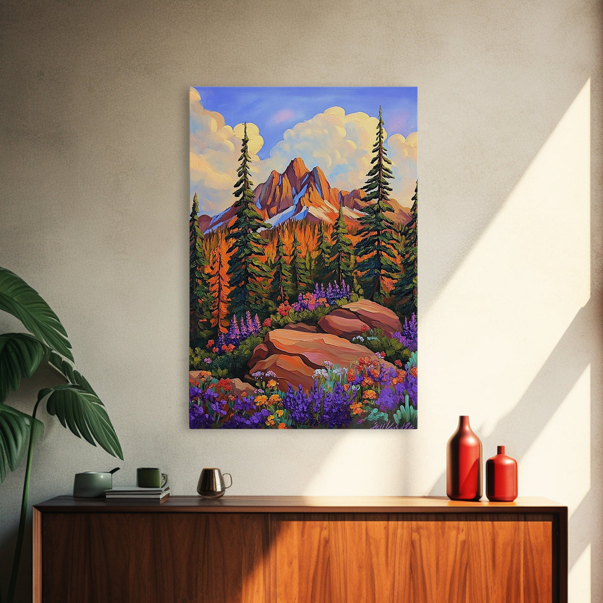 Mountain Forest, Wildflowers, Scenic, Framed Canvas Print, Nature Lover Gift, Cabin Decor, Rustic Living Room Art, Woodland Landscape