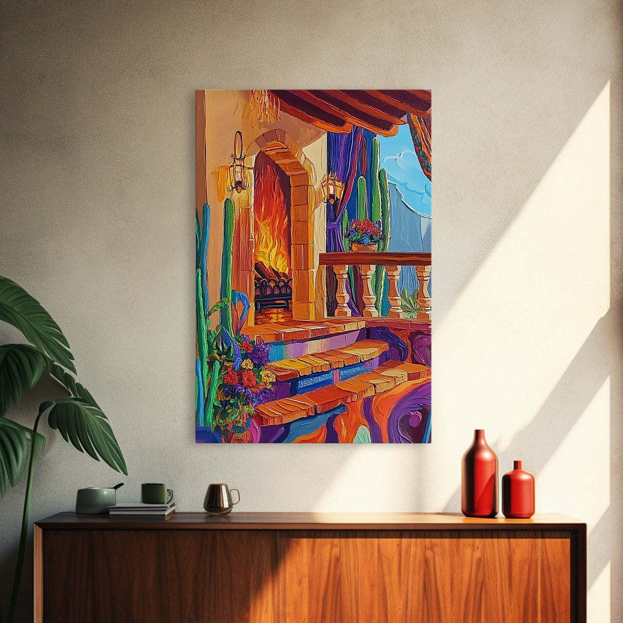 Cozy Hacienda, Fireplace, Terrace, Canvas Print, Southwestern Wall Art, Warm Interior Scene, Kitchen or Dining Room Boho Decor