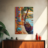 Tropical Boat, Village, Shoreline, Canvas Print, Coastal Wall Art, Vibrant Travel Scene, Boho Seaside Decor, Beach House Painting