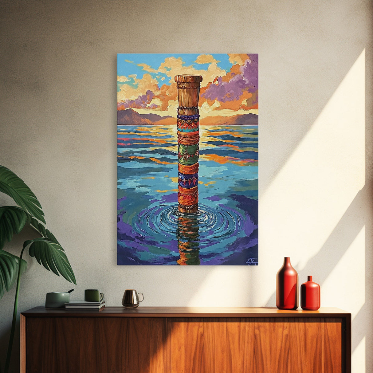 Tribal Water, Pole, Peaceful, Framed Canvas Print tranquil ocean pole artwork, tribal inspired sea painting, boho decor, hallway wall art
